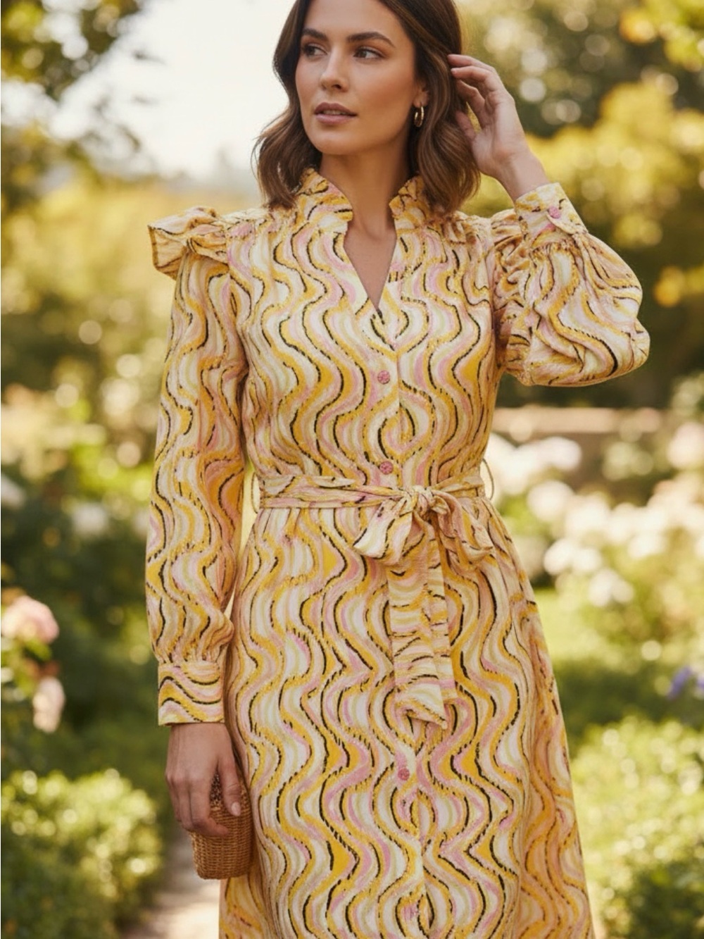 Fate Wave-Print Tie-Waist Shirt Dress - Yellow & Pink